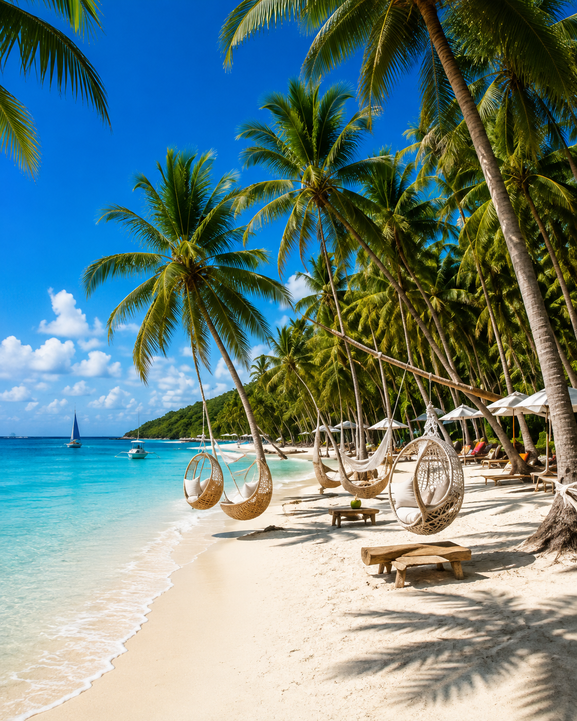 Palm trees and hammocks on Boracay beach
