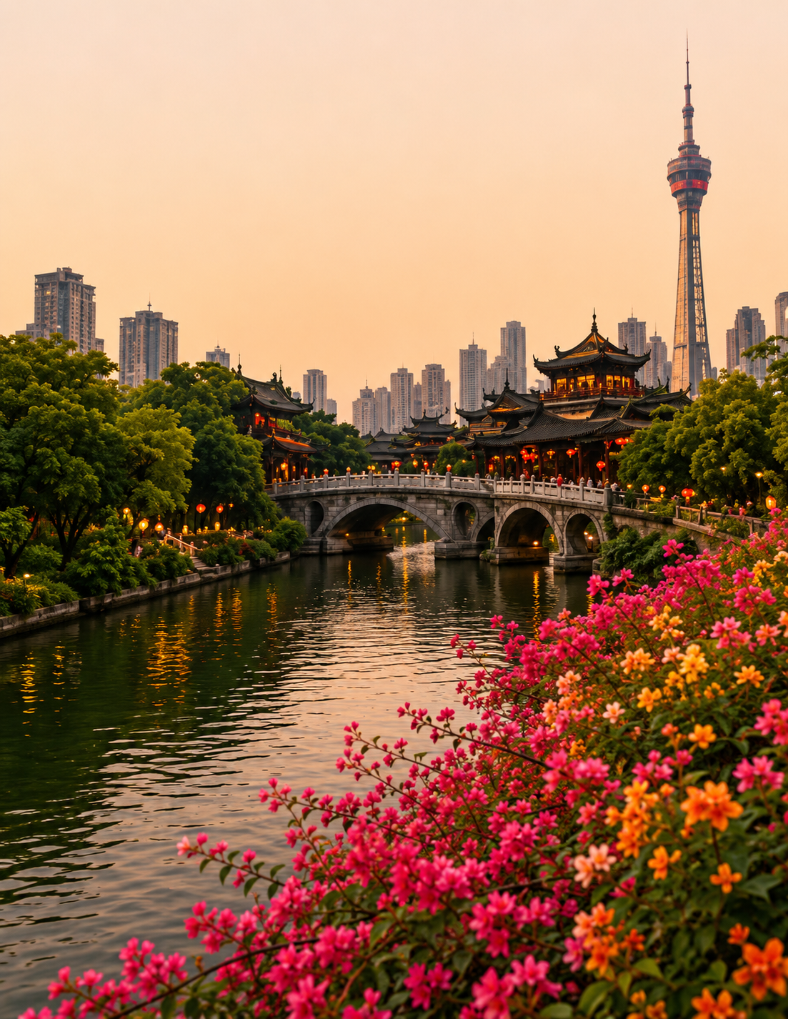Chengdu river bridge with blossoms and city skyline