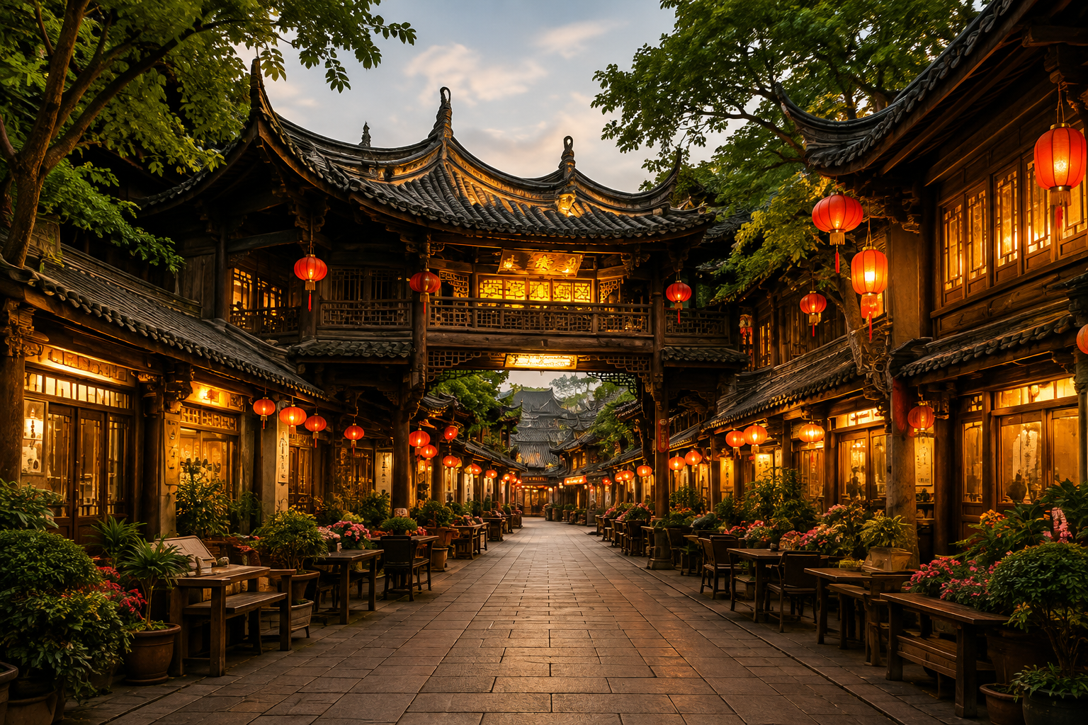 Wuhou Shrine lantern-lit walkway