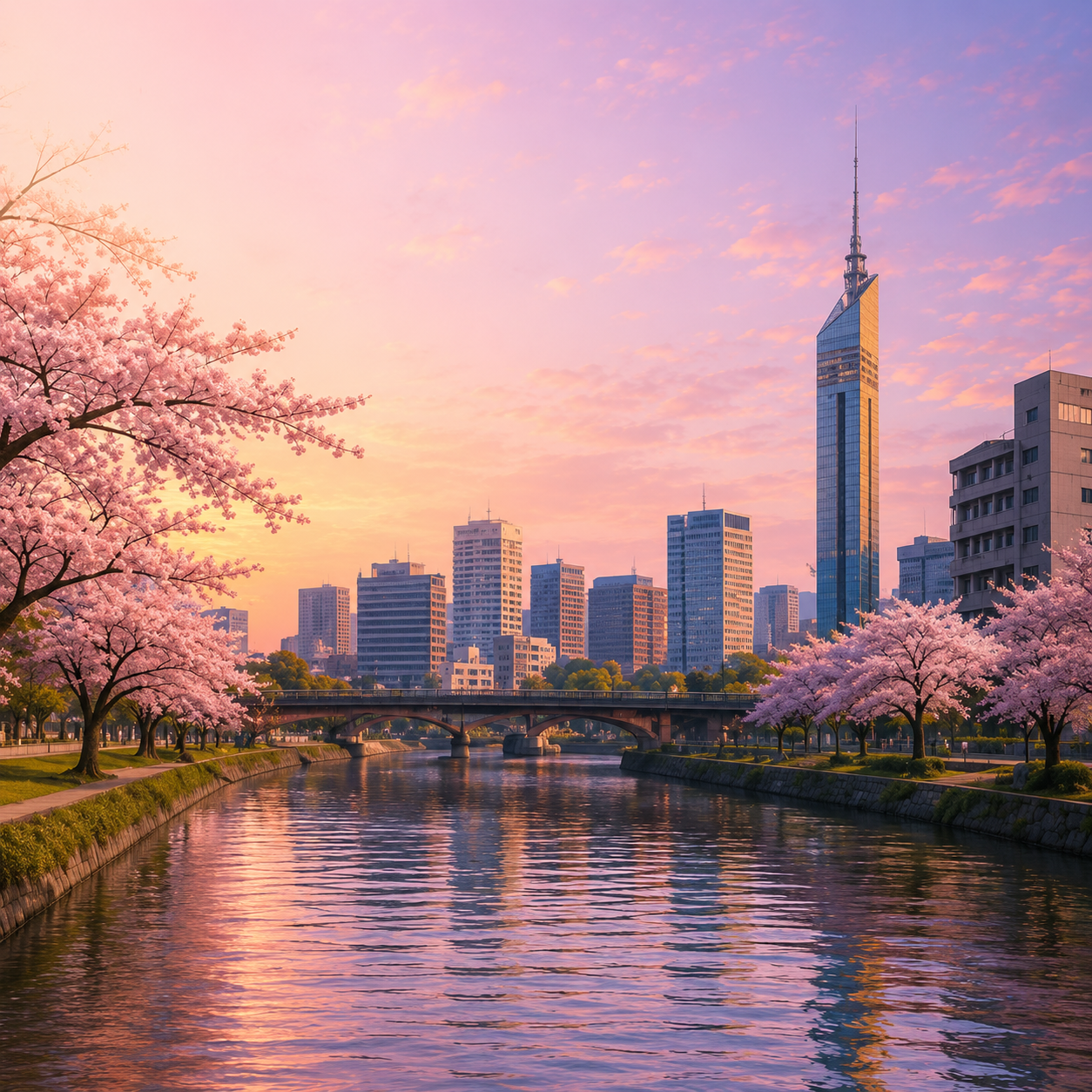 Fukuoka skyline with cherry blossoms along the river