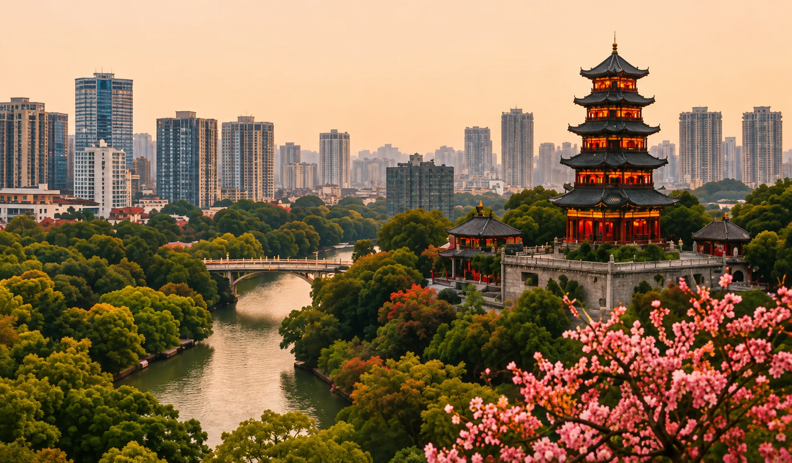 Guangzhou pagoda and city skyline with blossoms