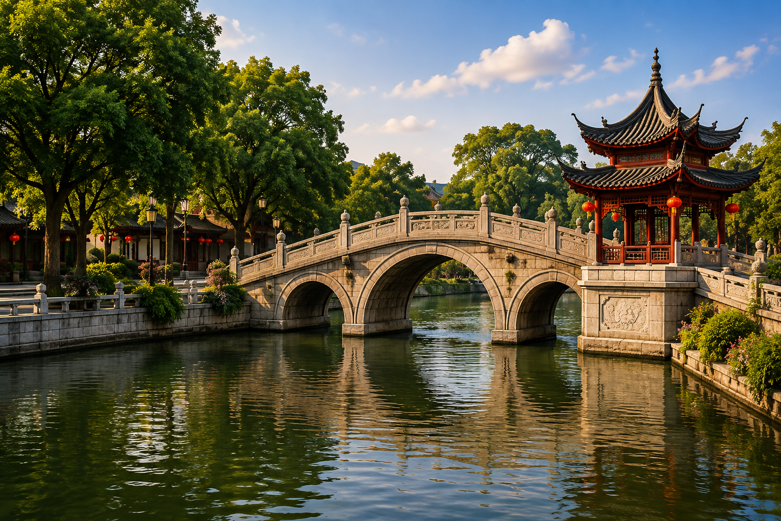 Liwan Lake Park bridge and pavilion