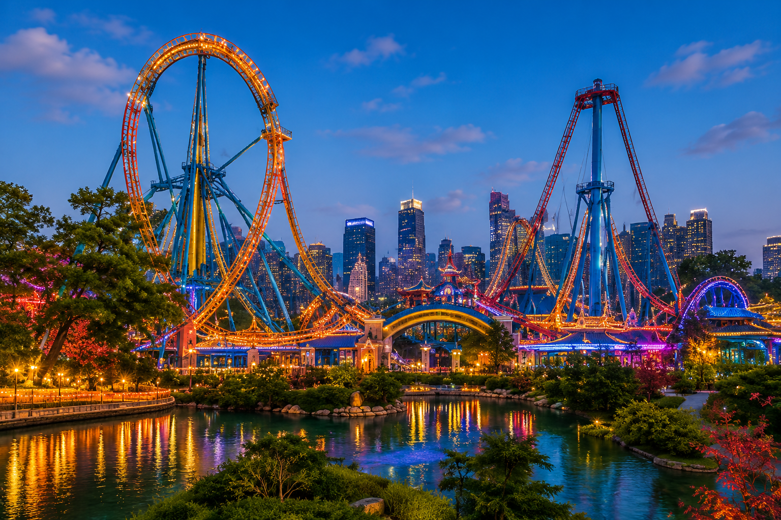 Chimelong Tourist Resort rides at dusk