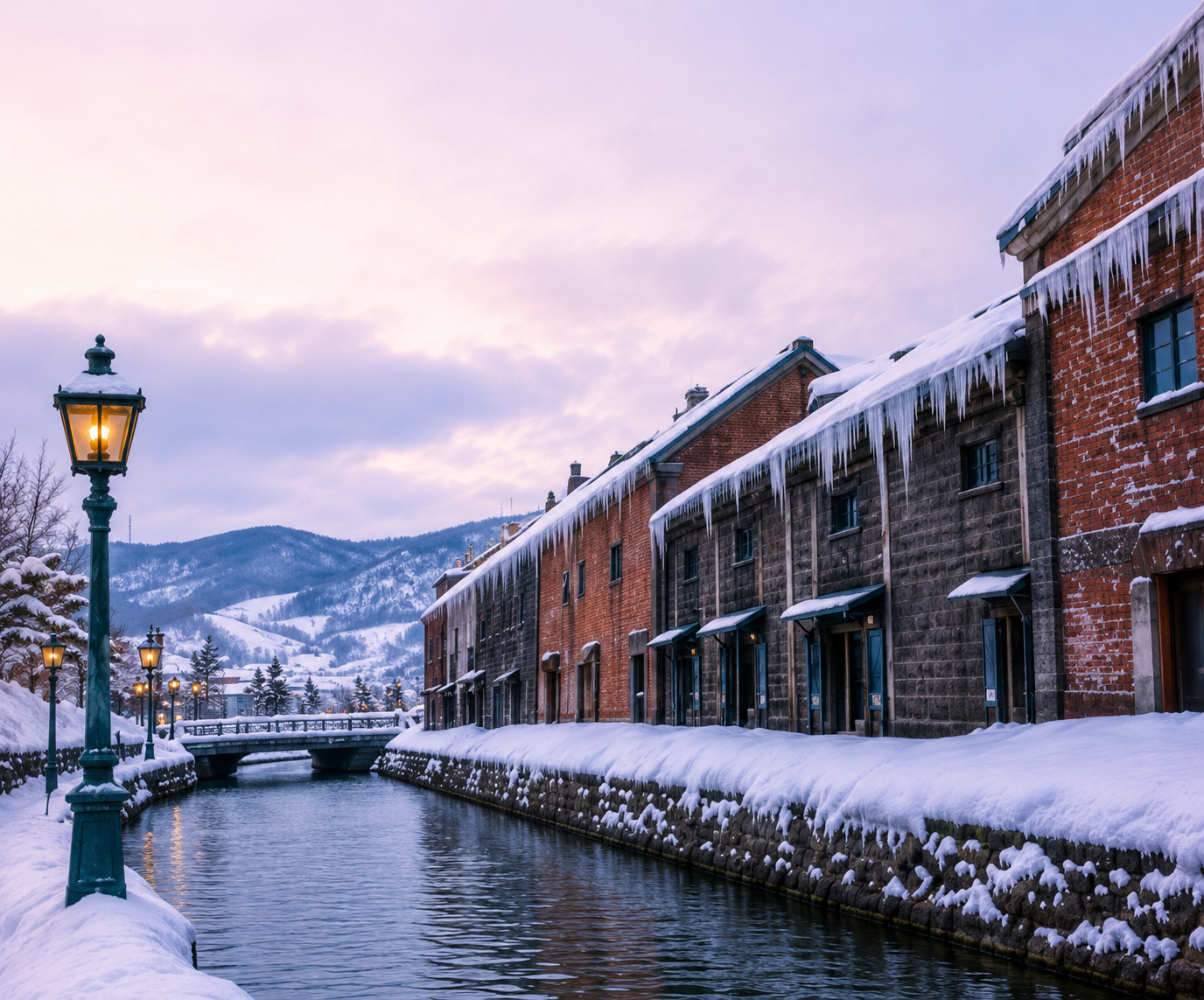 Snow-covered Otaru Canal with lampposts in winter