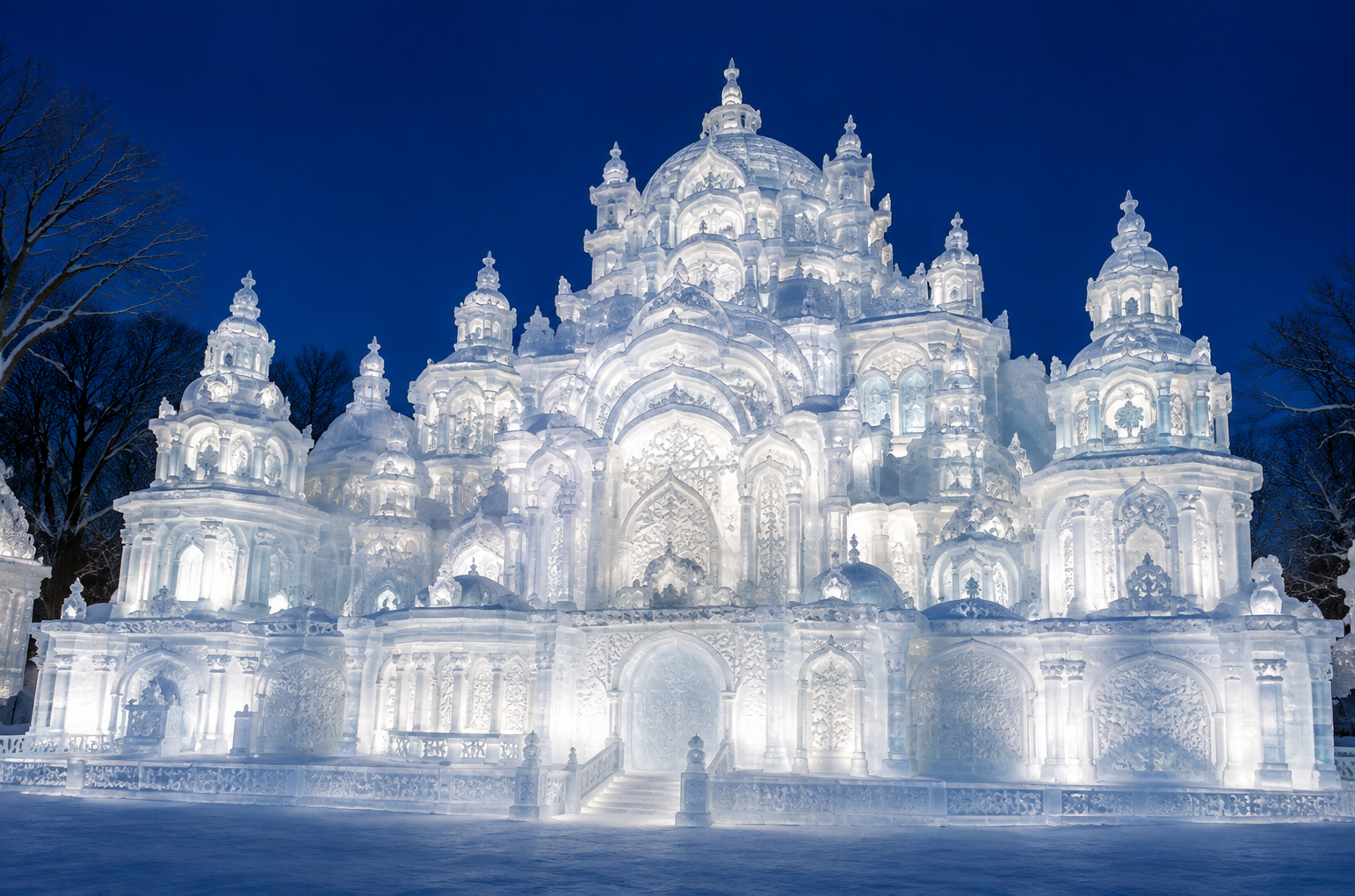 Sapporo Snow Festival ice sculptures at night