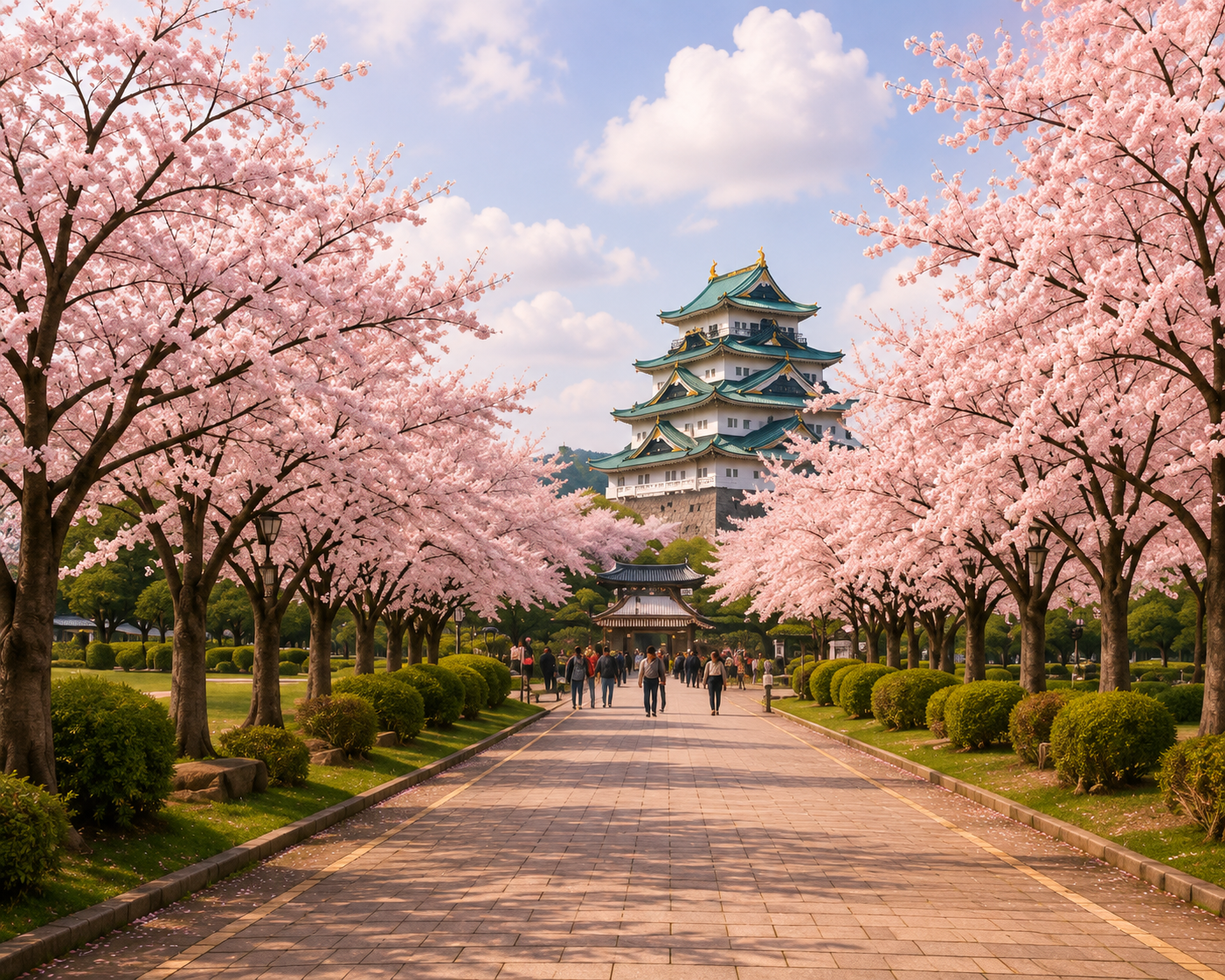 Cherry blossom tree-lined path with Nagoya Castle in the distance