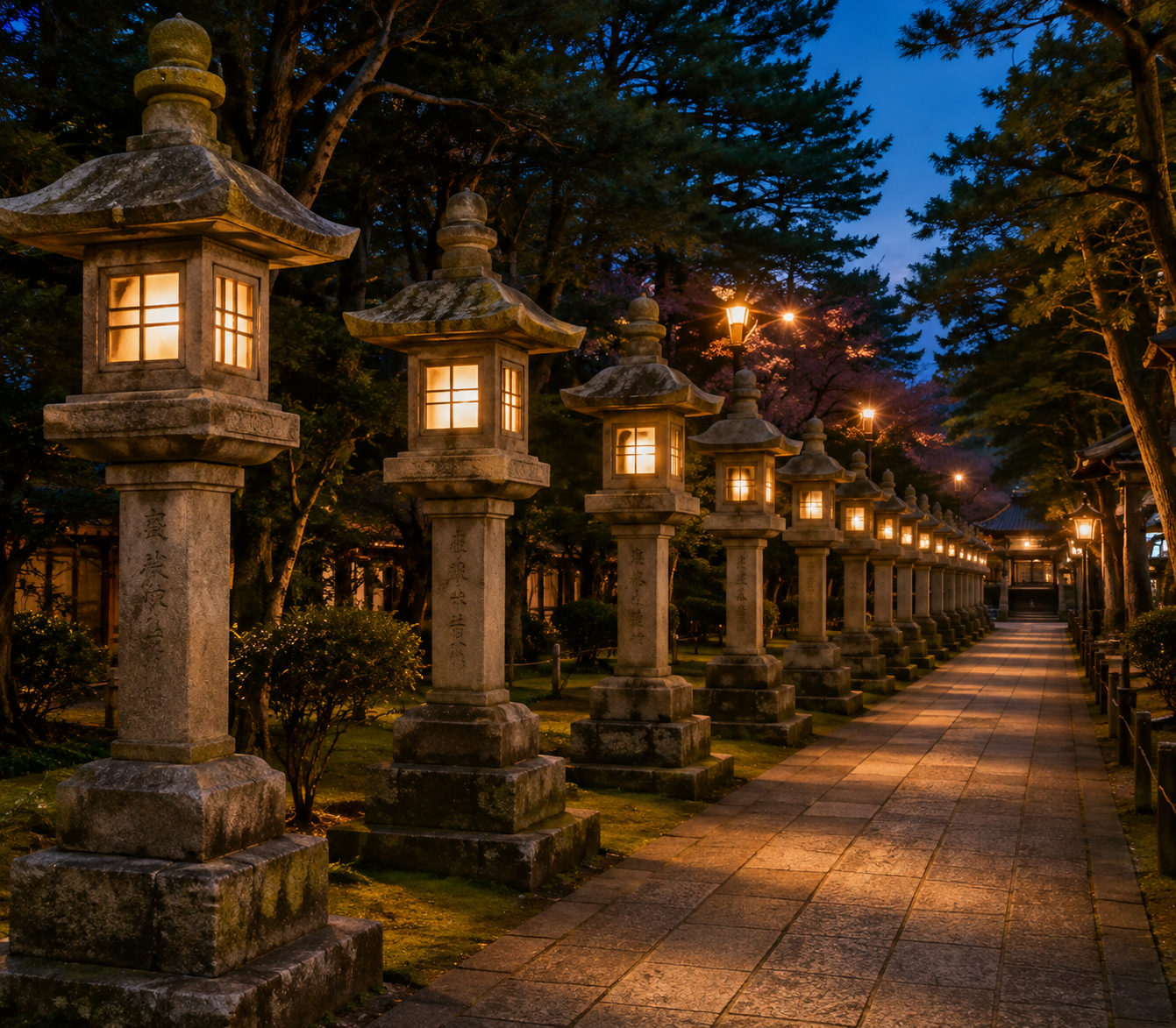 Stone lantern-lined pathway