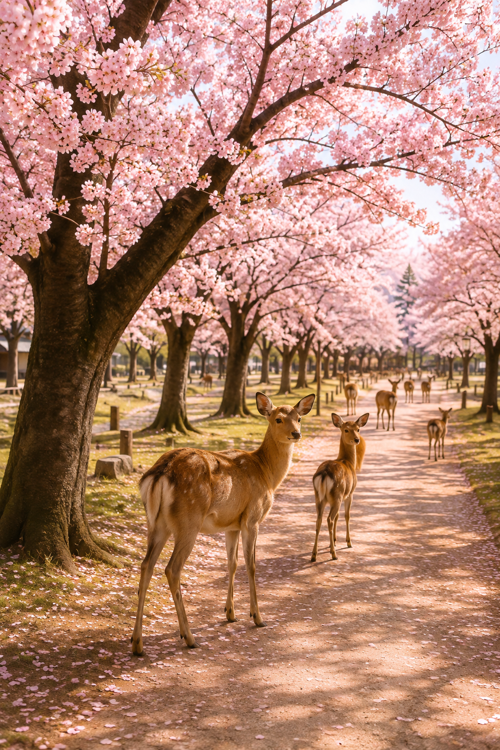 Deer under cherry blossom trees