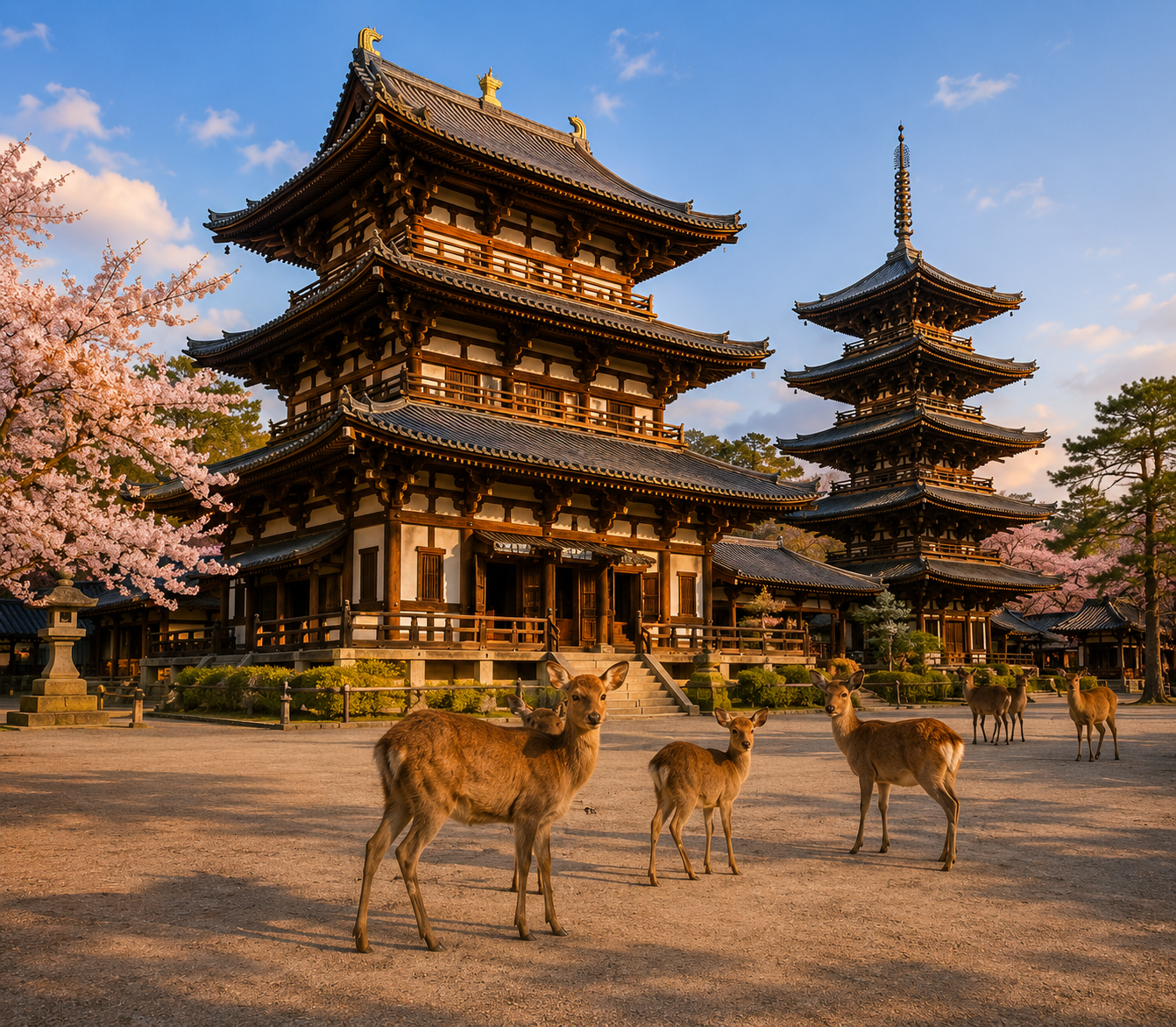 Pagoda with deer grazing nearby
