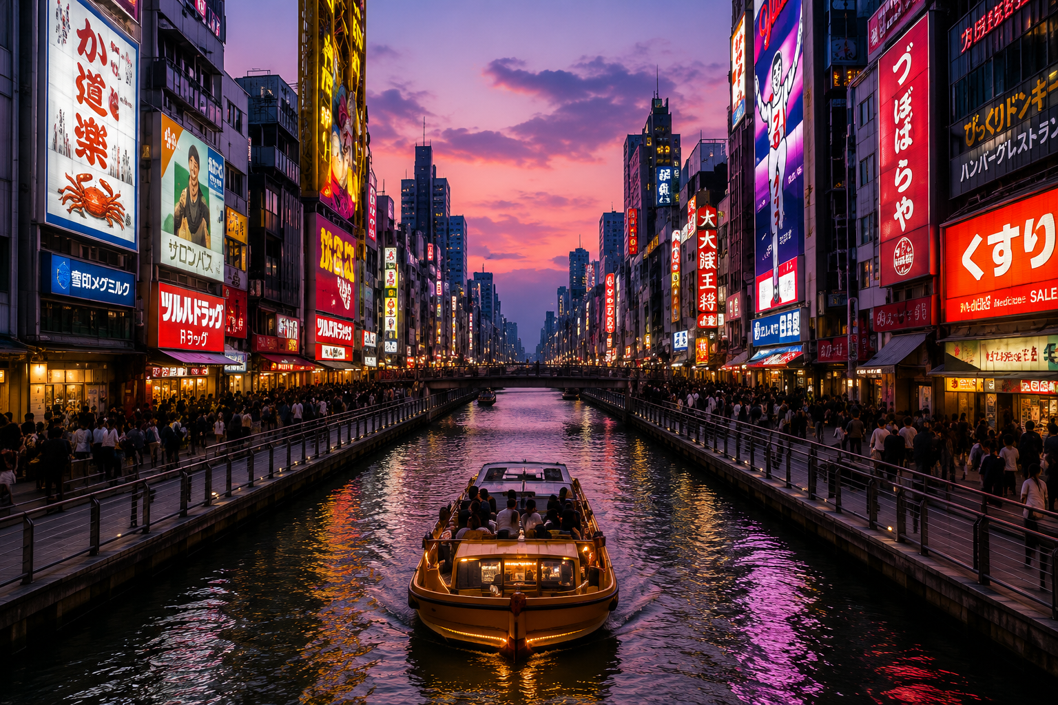 Boat cruising the Dotonbori canal at night