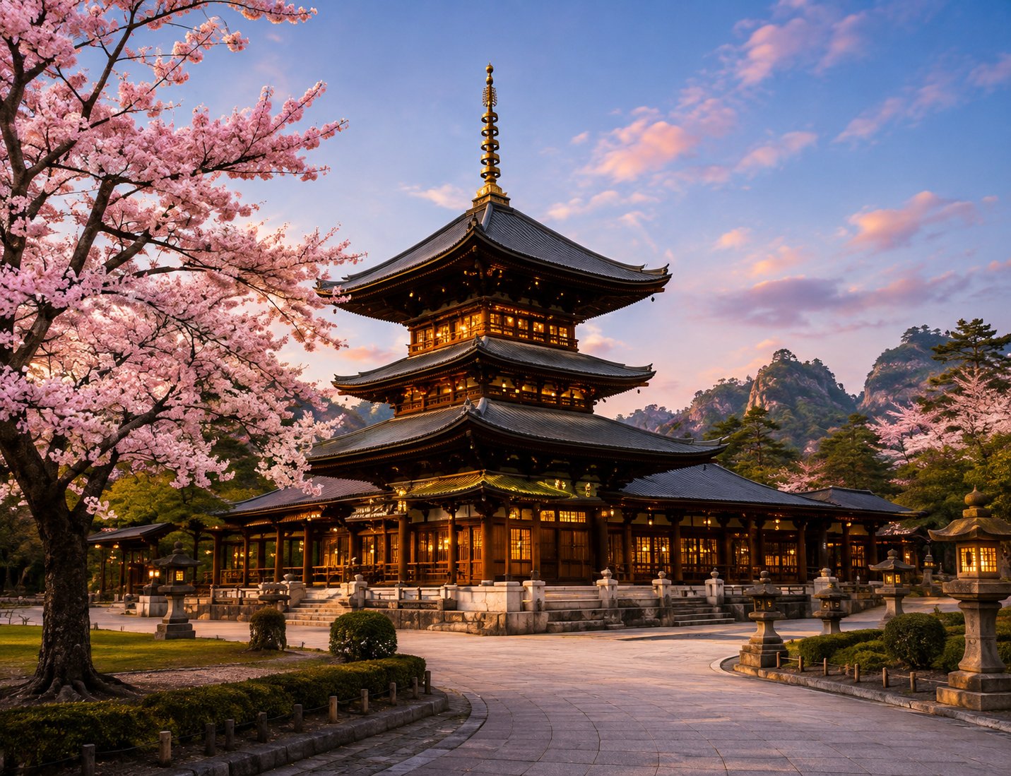 Historic pagoda temple in Osaka surrounded by cherry blossoms