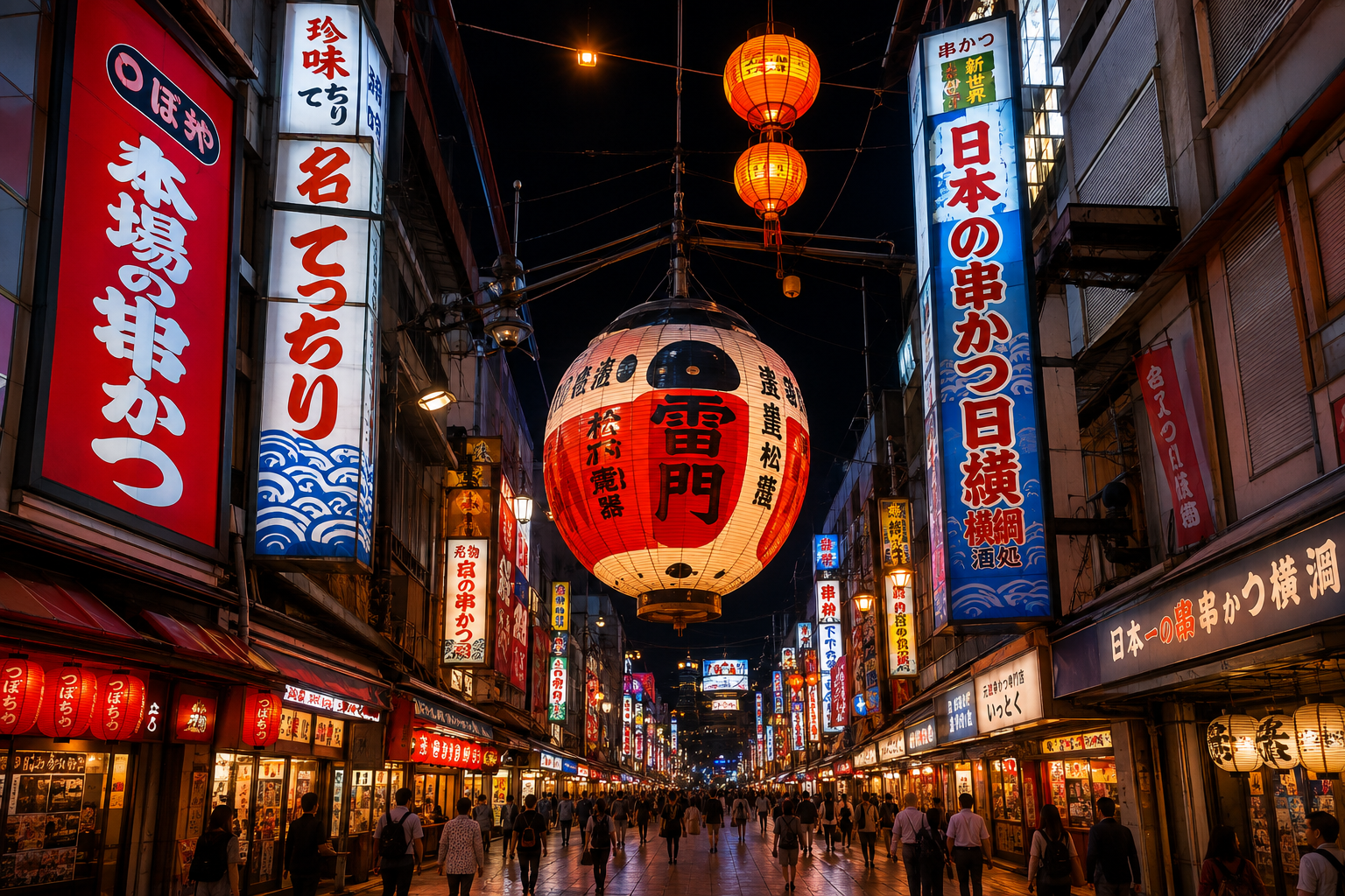 Lantern-lit street food alley in Osaka at night