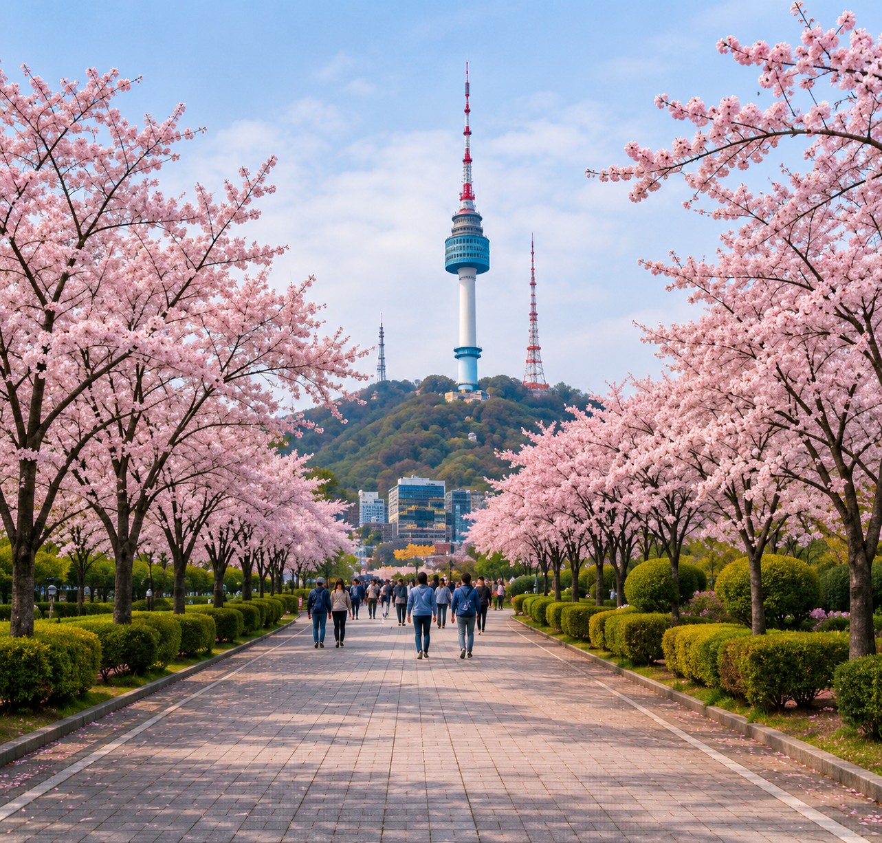 Cherry blossom pathway with N Seoul Tower in the background