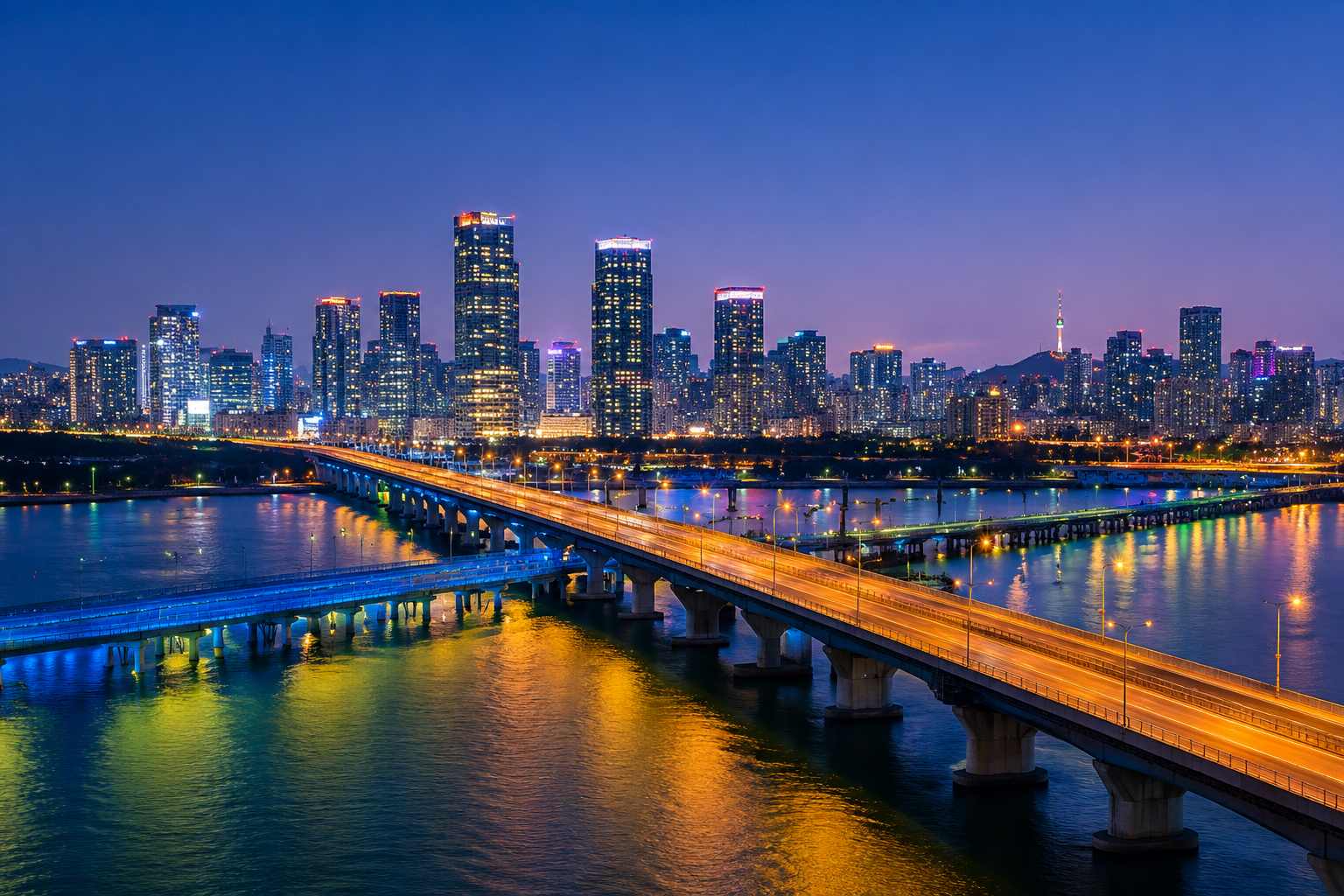 Han River and Banpo Bridge lit up at night