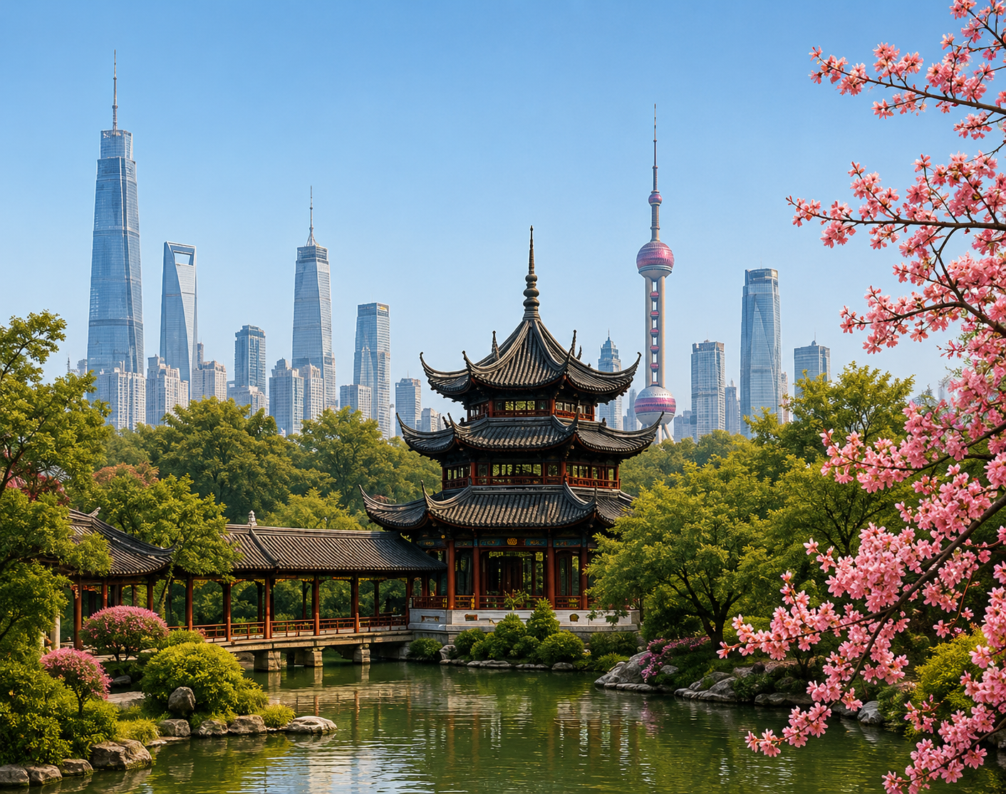 Shanghai skyline with cherry blossoms and pagoda