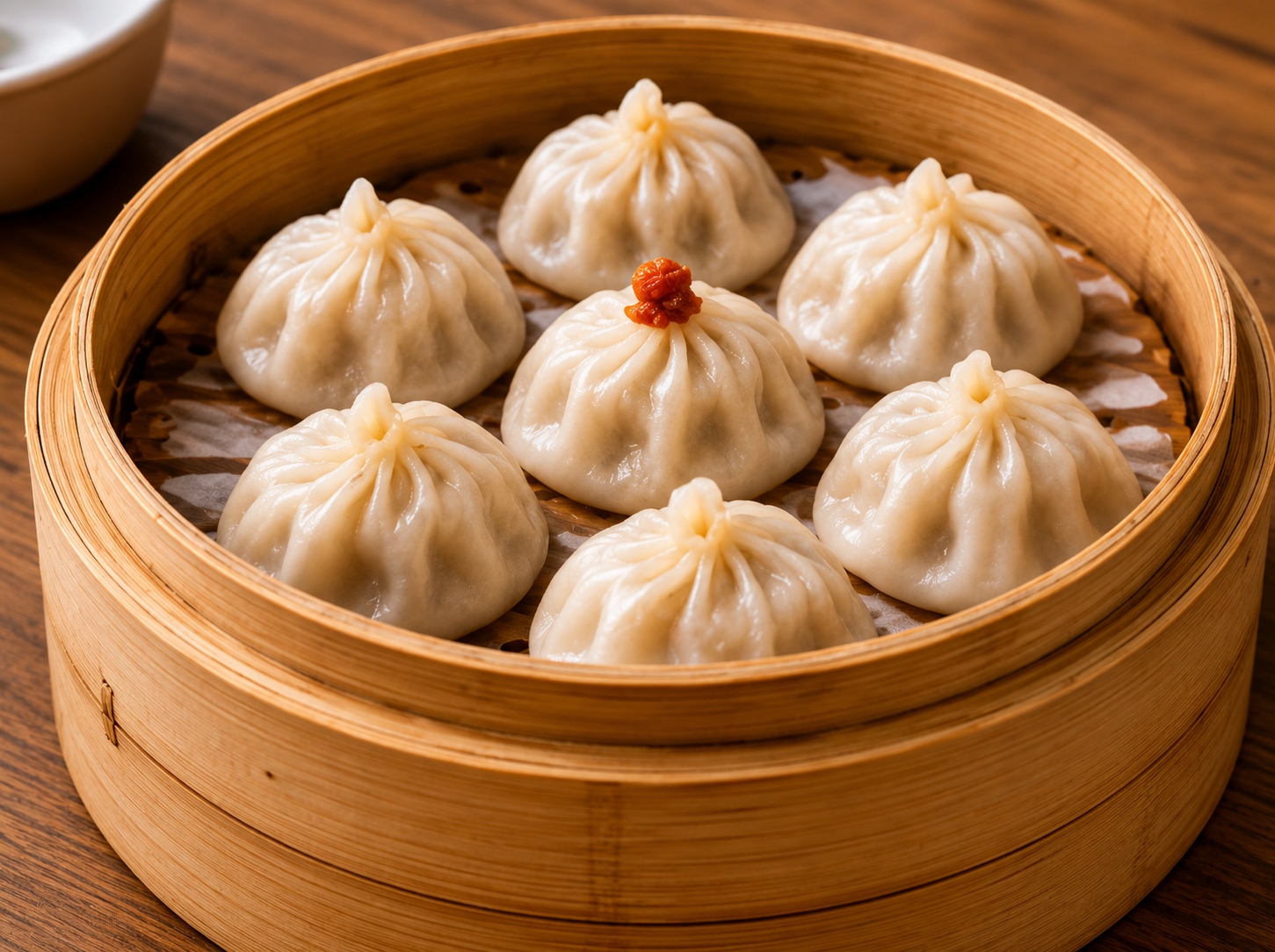 Xiao Long Bao soup dumplings in bamboo steamer