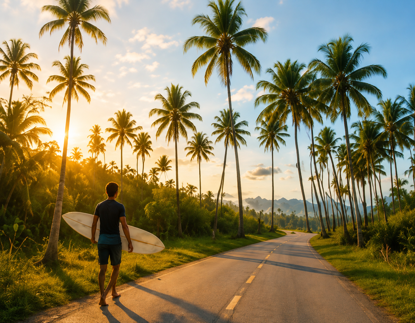 Surfer walking down a palm-lined road in Siargao