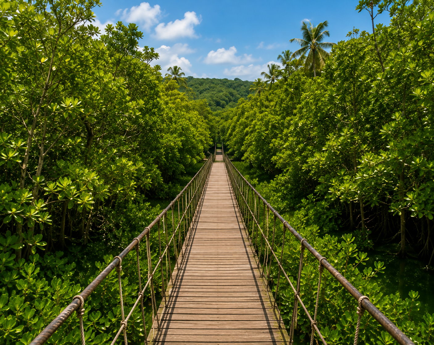 Wooden boardwalk through the forest in Siargao
