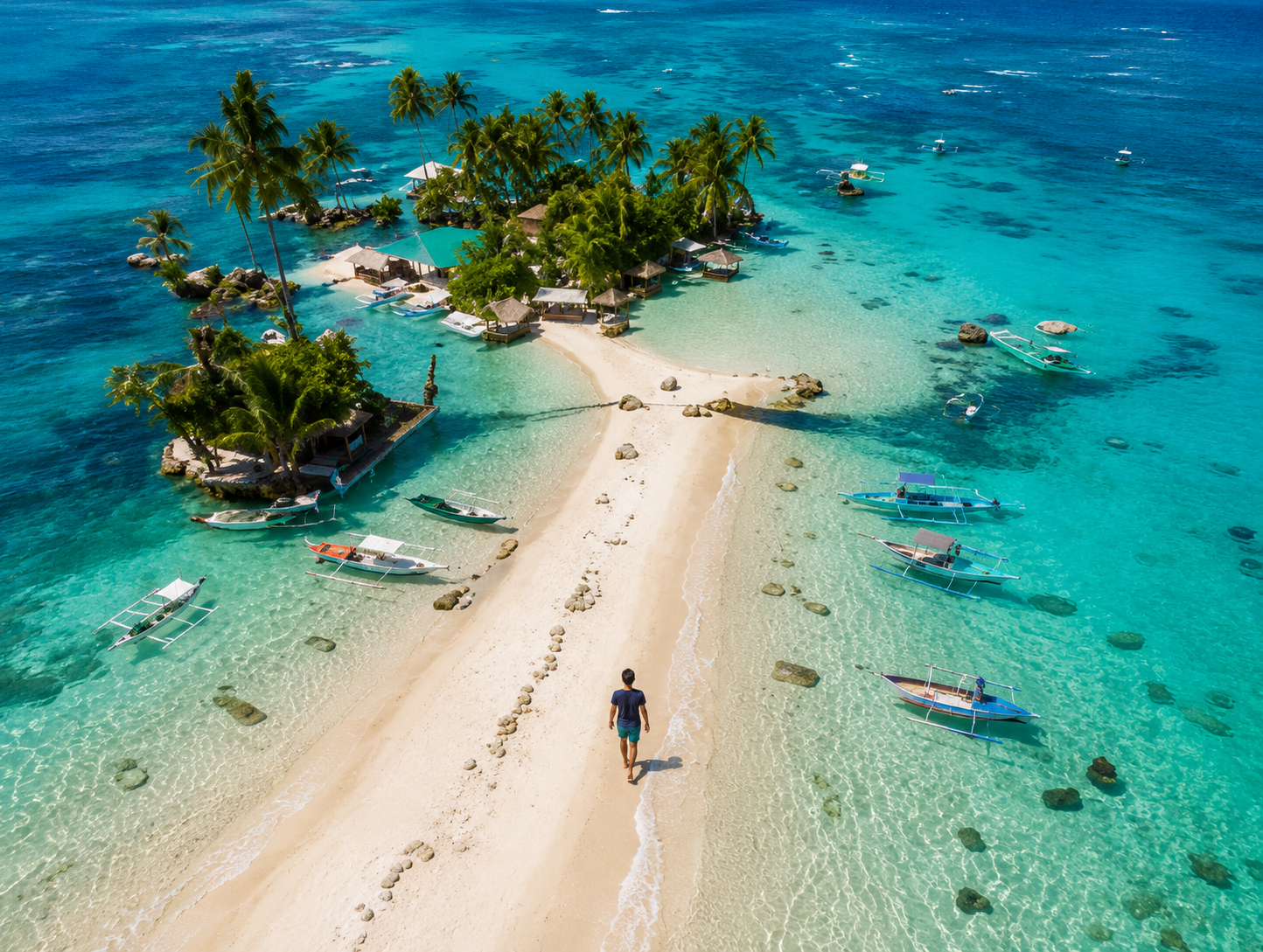 Island hopping boats on a white sand beach in Siargao