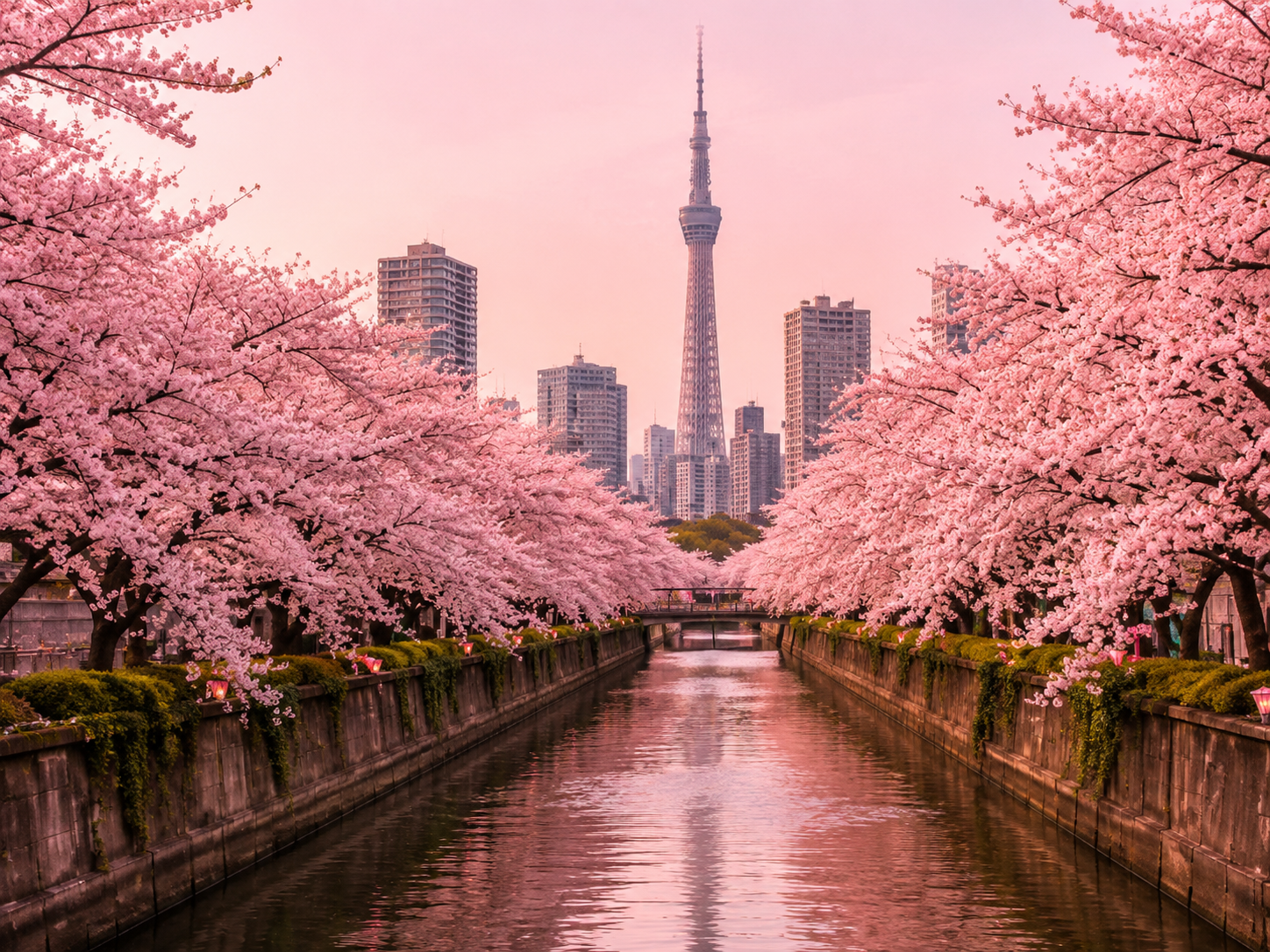 Tokyo Skytree framed by cherry blossoms along a canal