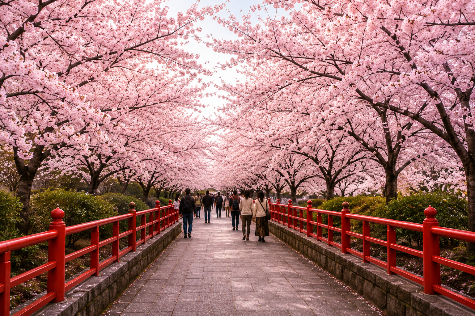 Red bridge path lined with cherry blossoms