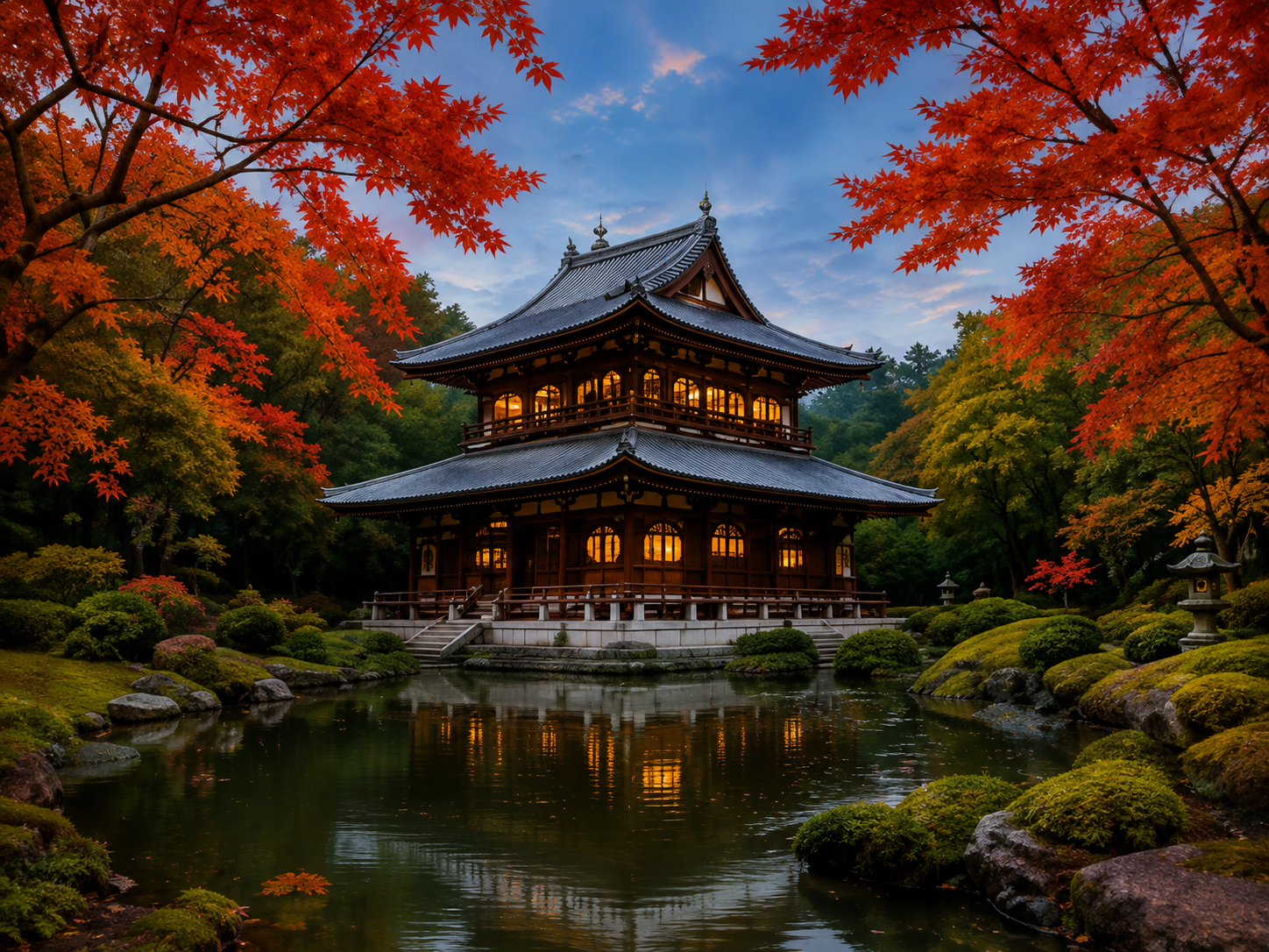 Japanese garden with autumn foliage