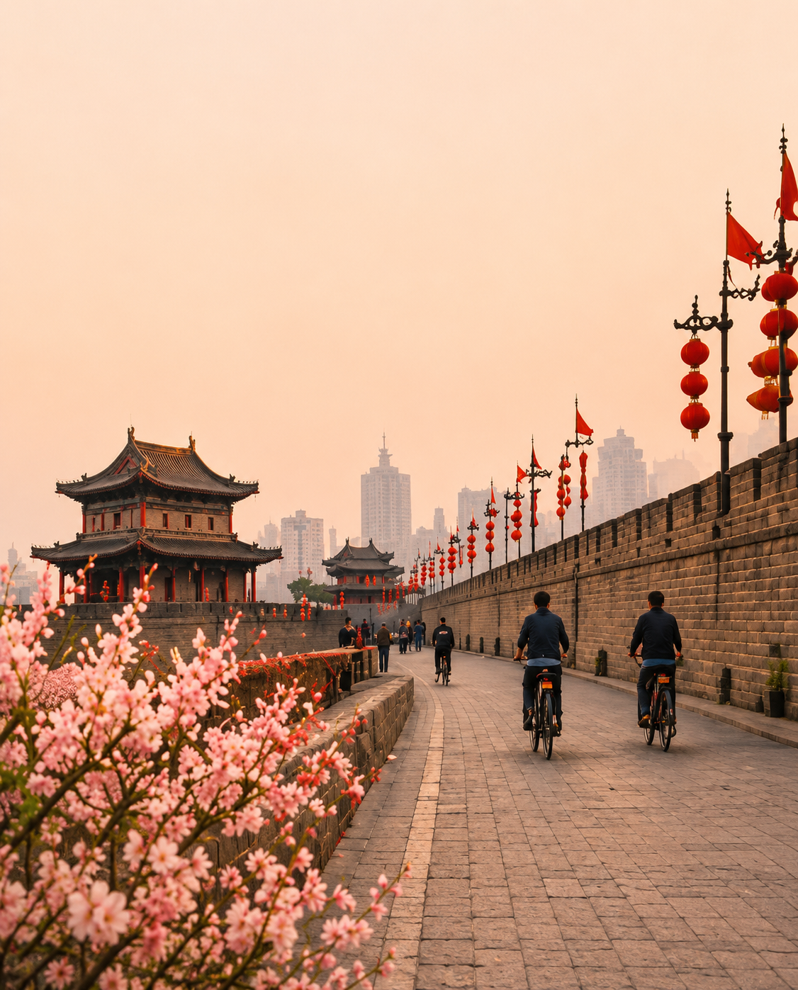 Xi'an ancient city wall with cherry blossoms and cyclists