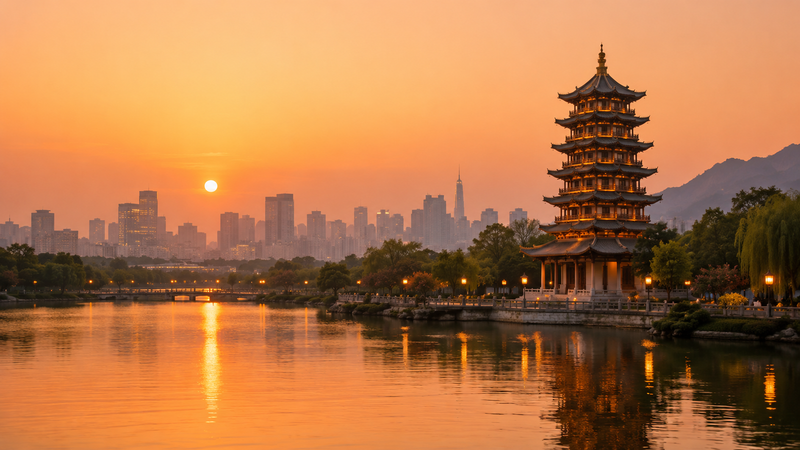 Hancheng Lake Park at sunset