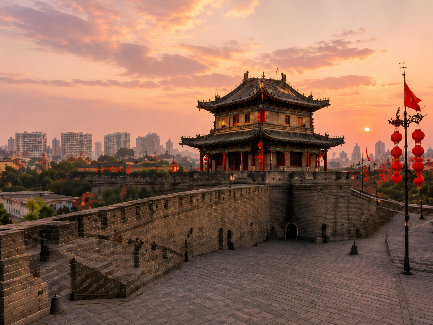 Ancient City Wall at sunset with lanterns