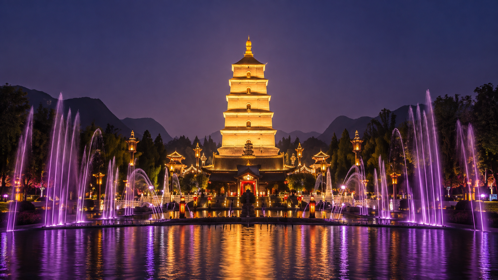 Dayan Pagoda North Square fountain show at night