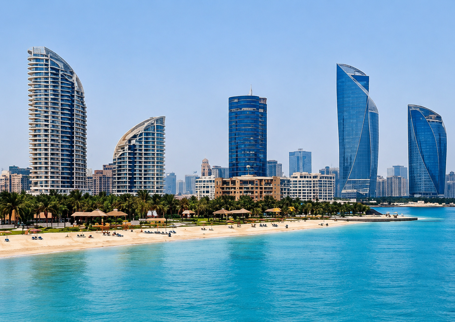 Abu Dhabi beach and city skyline at dusk