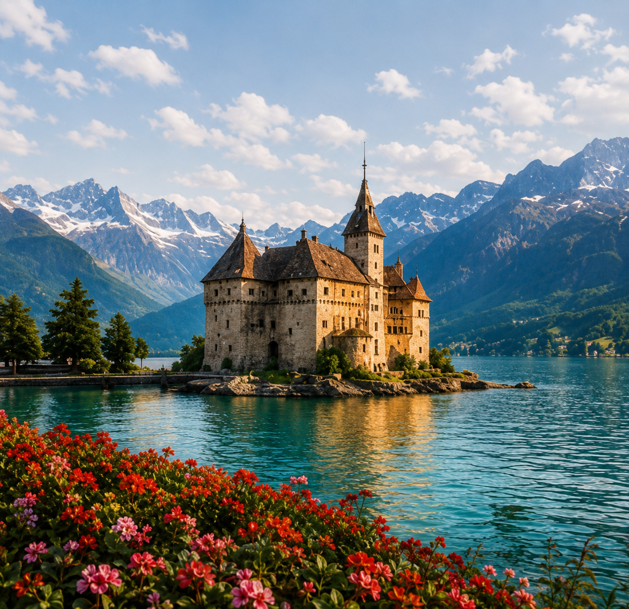 Swiss castle by lake with mountains in the background