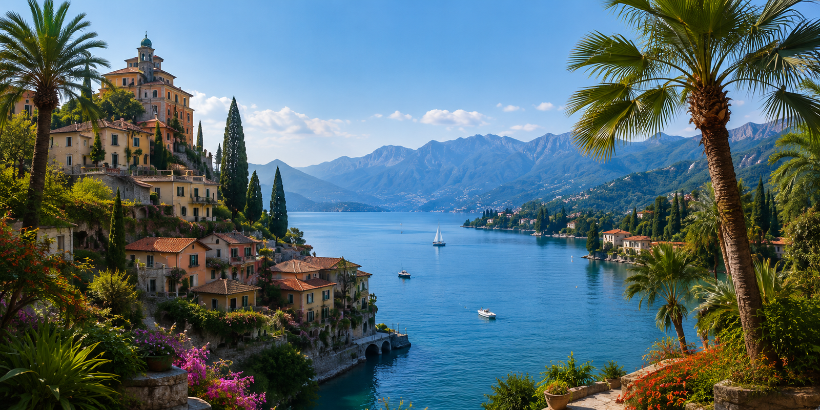 Lugano lake and palm trees