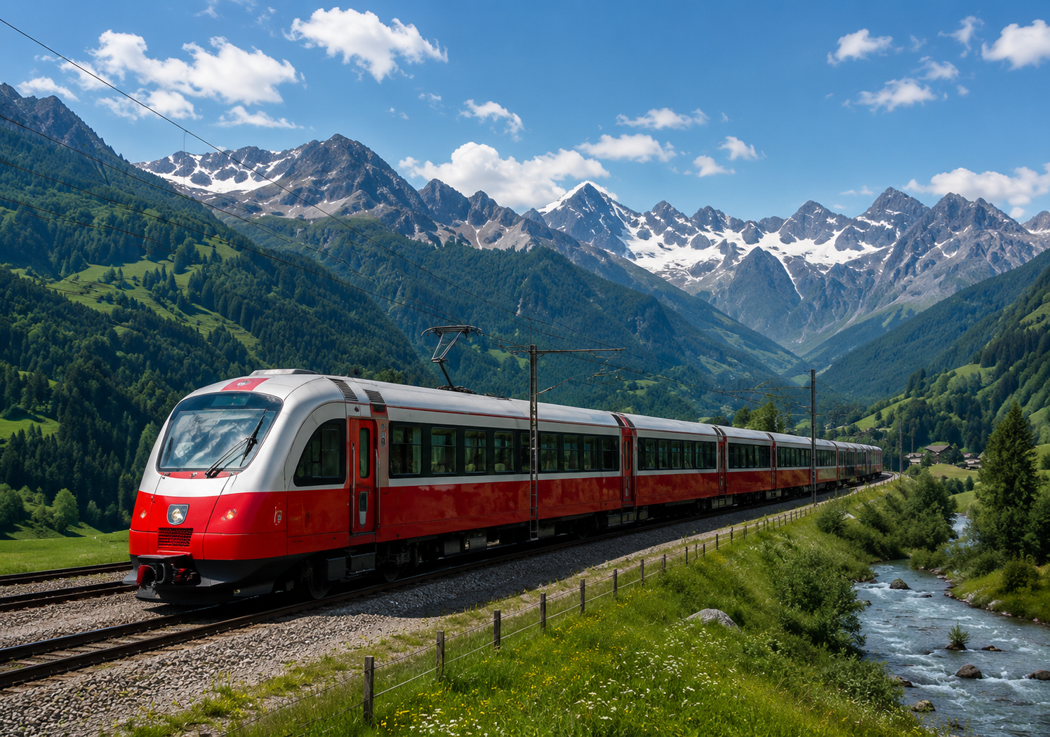 Glacier Express red train through mountains