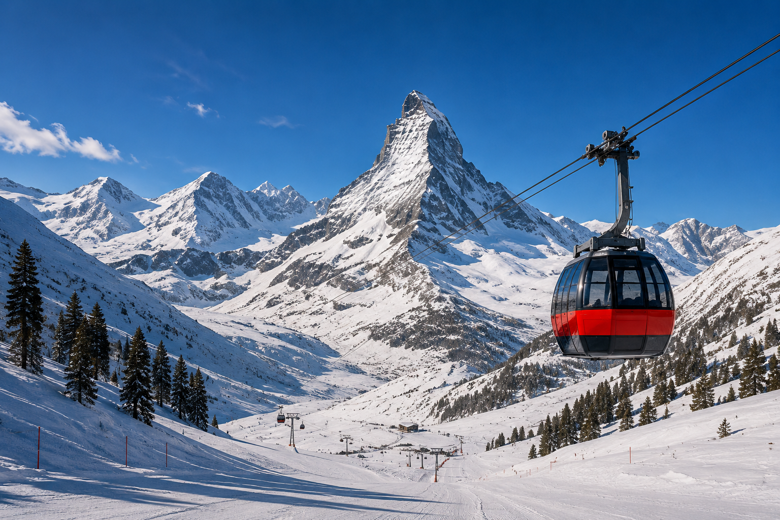 Zermatt cable car over snowy mountains