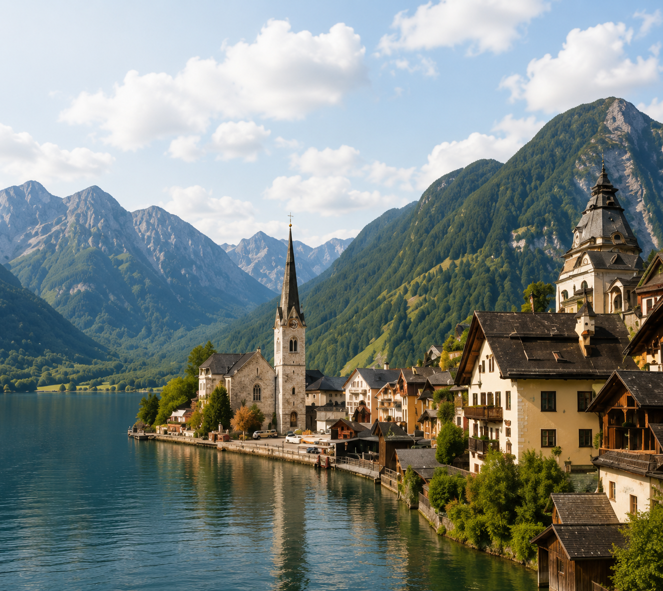 German lakeside village with mountains at sunset