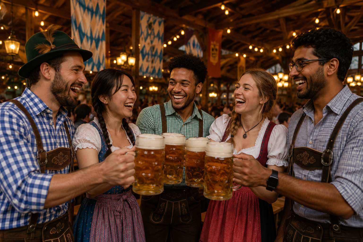 Oktoberfest Munich celebration with beer steins