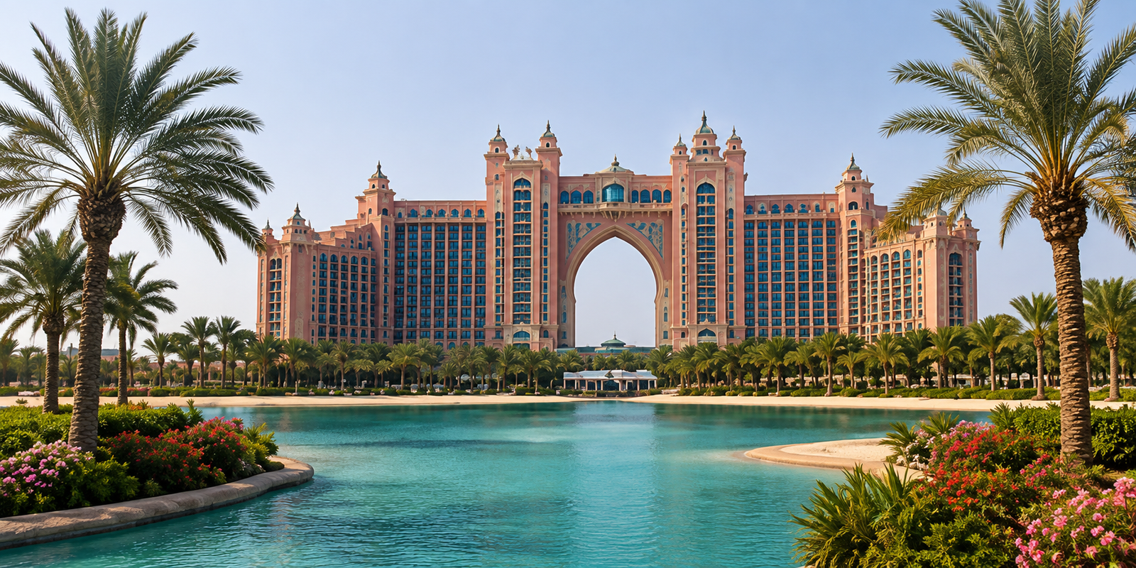 Atlantis The Palm resort with palm trees at sunset