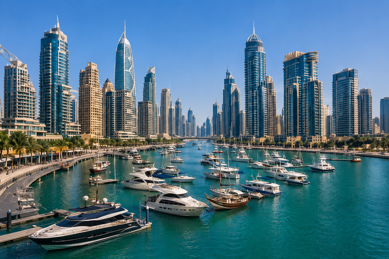 Dubai Marina skyline and boats