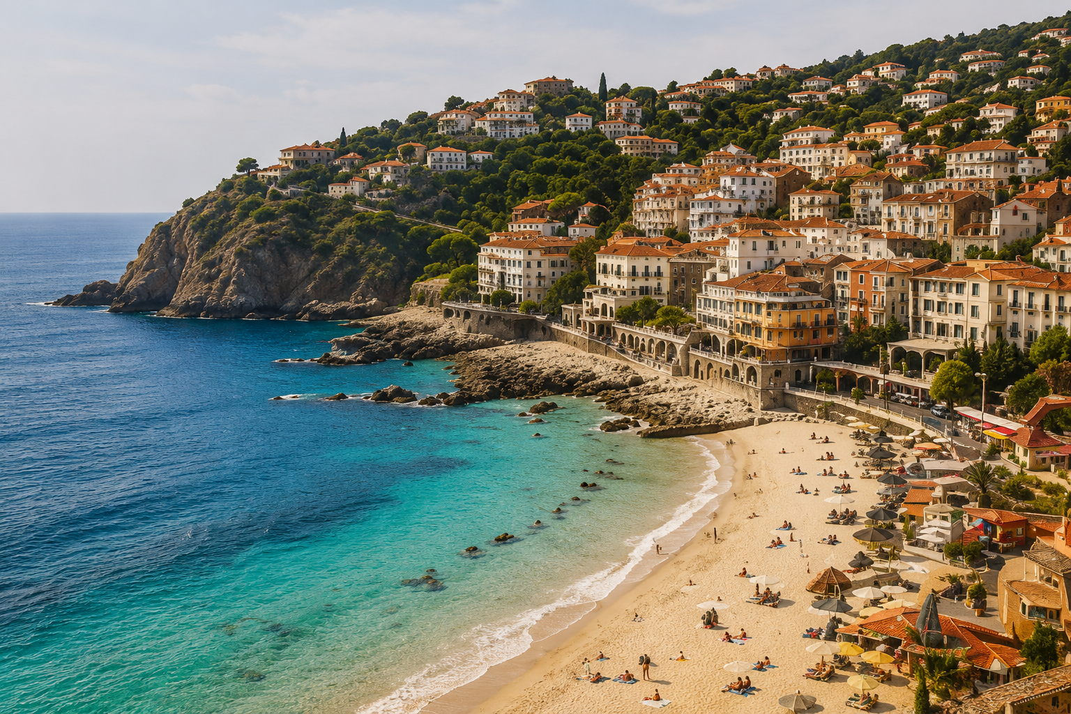 Spanish coastal town with turquoise waters at sunset
