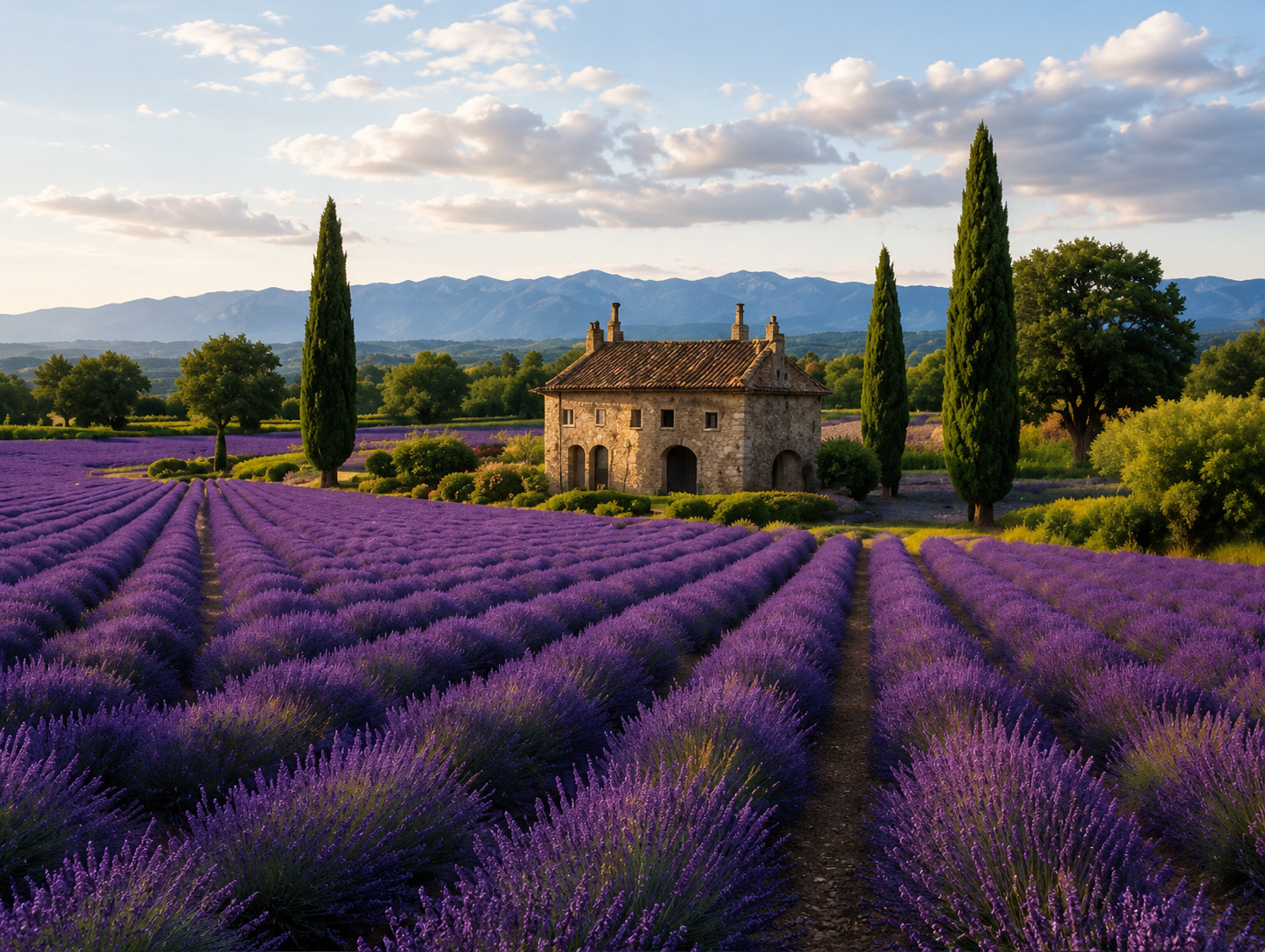 Provence lavender fields with stone farmhouse