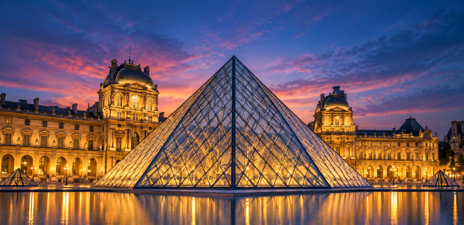 Louvre Museum glass pyramid at night