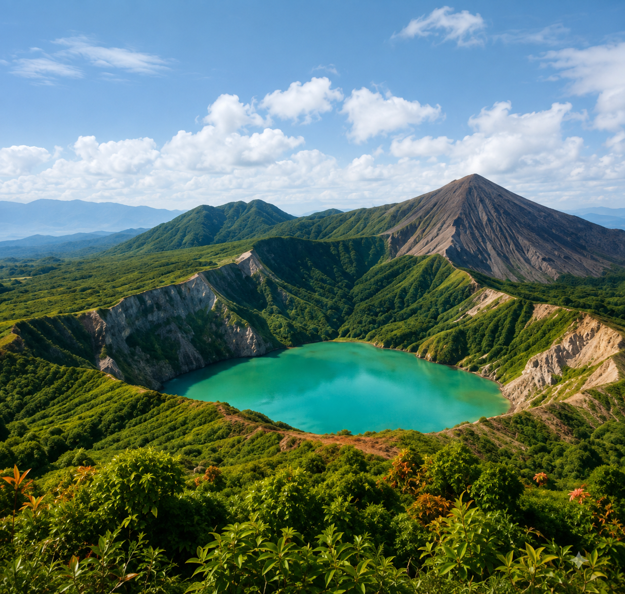 Volcanic crater lake with turquoise waters