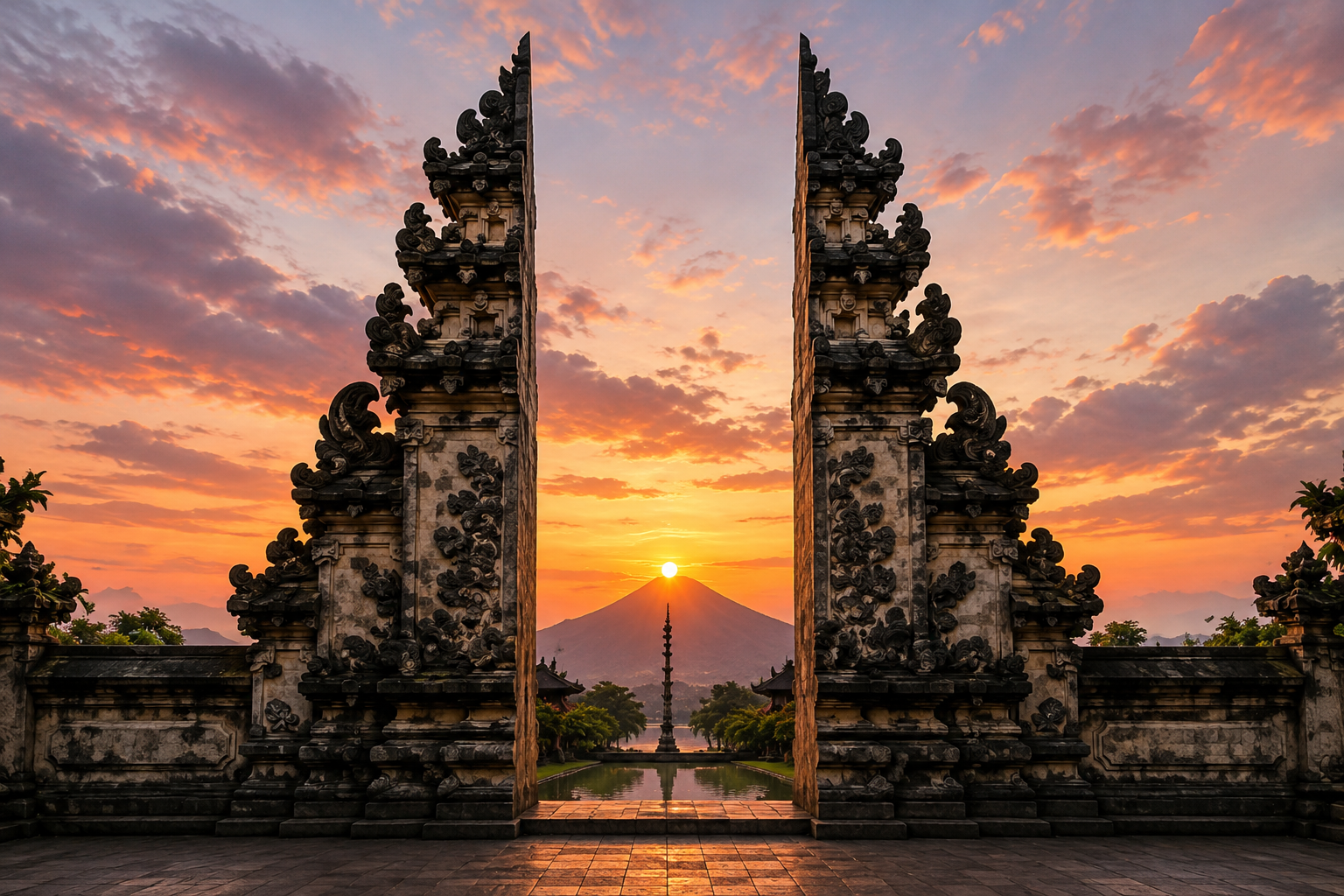 Bali gates at sunset overlooking mountain