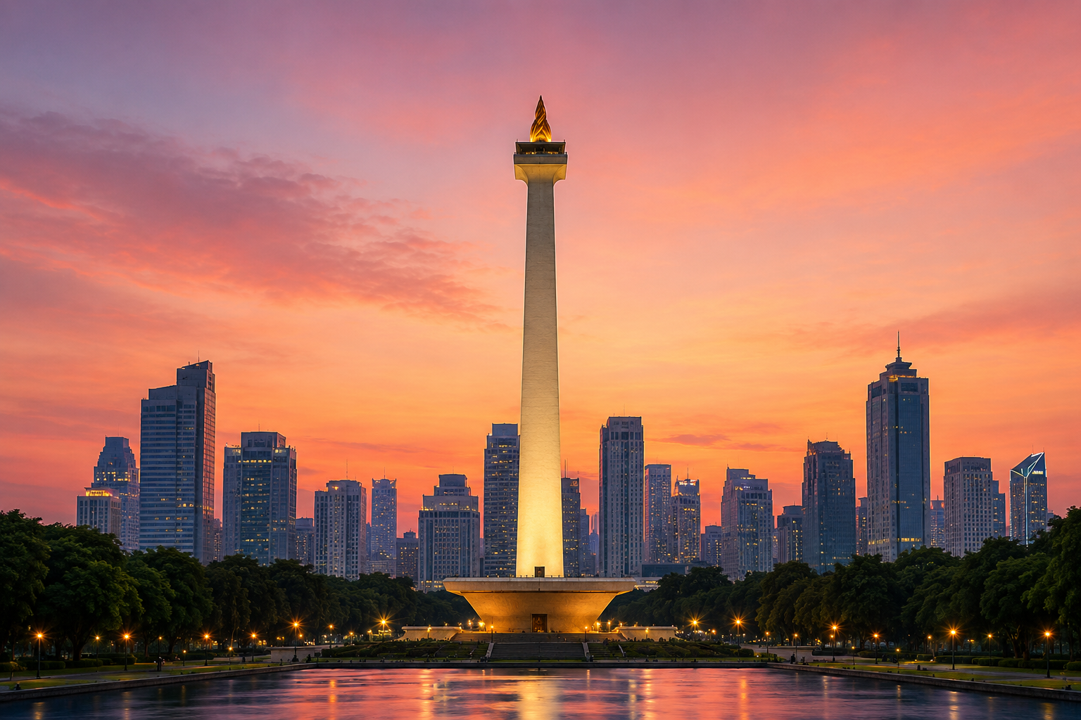 Jakarta skyline with monument at sunset