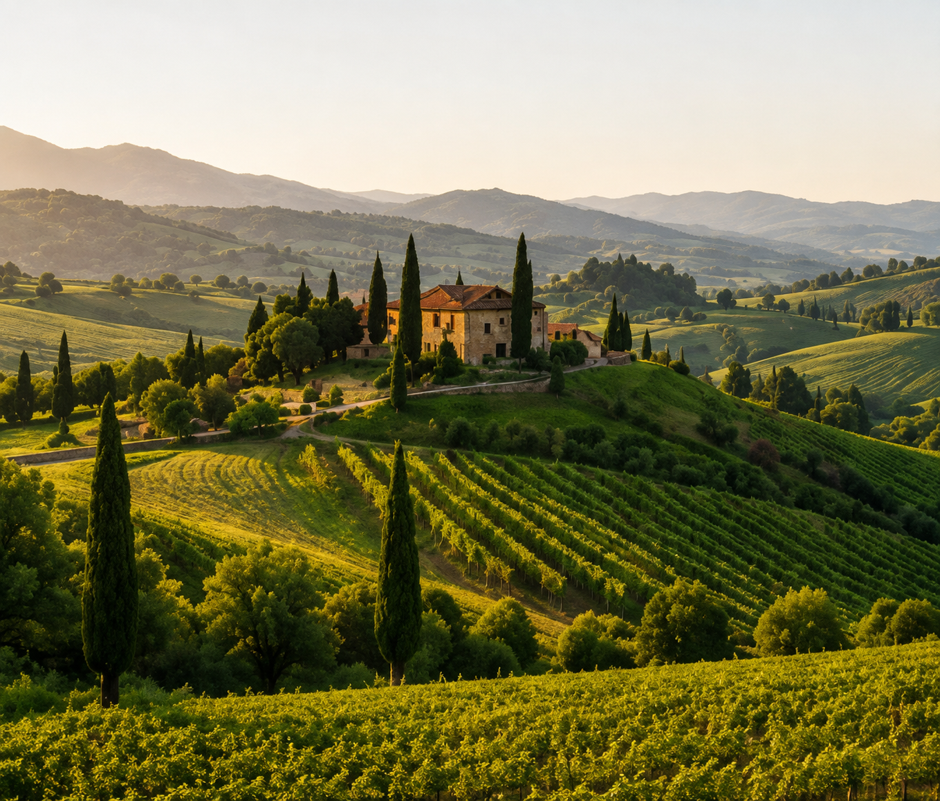 Tuscany rolling hills with cypress trees at sunset