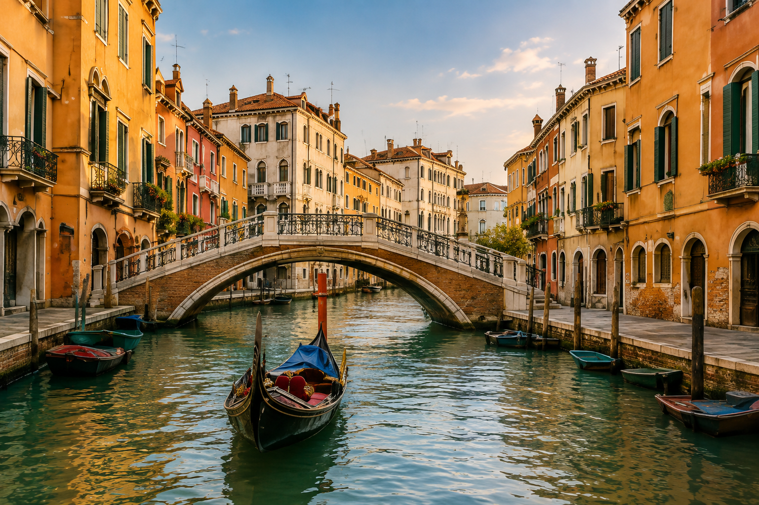 Venice canal with gondola under bridge