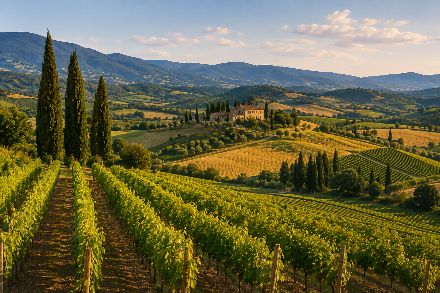 Tuscany vineyards and cypress-lined road