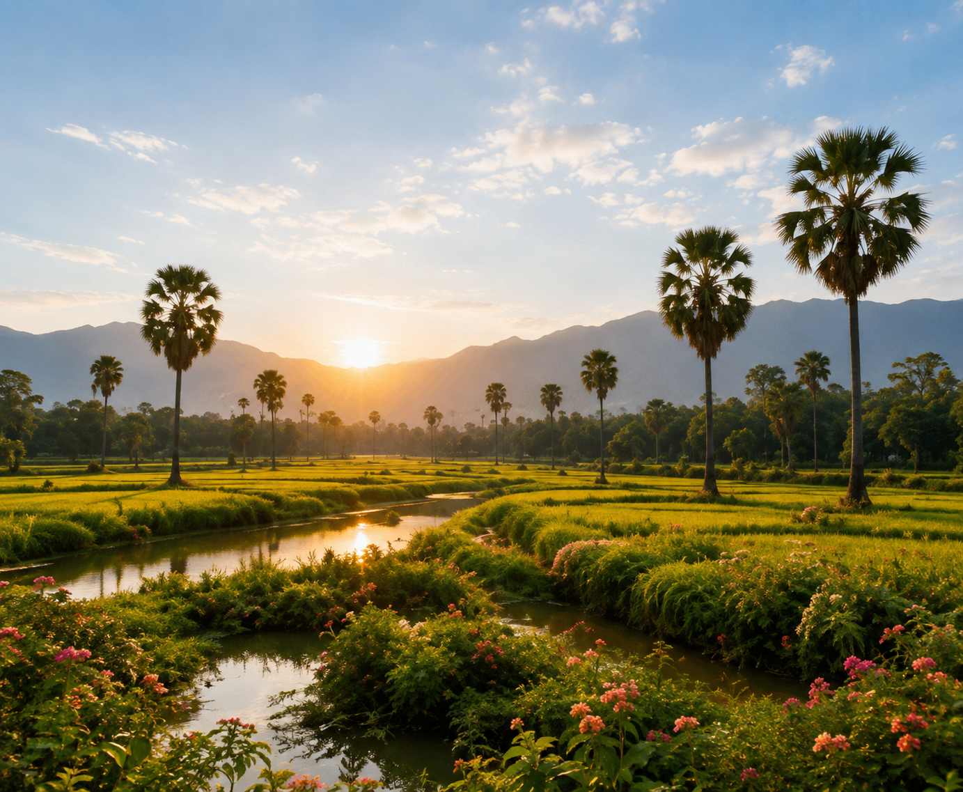 Cambodian countryside with palm trees at sunset