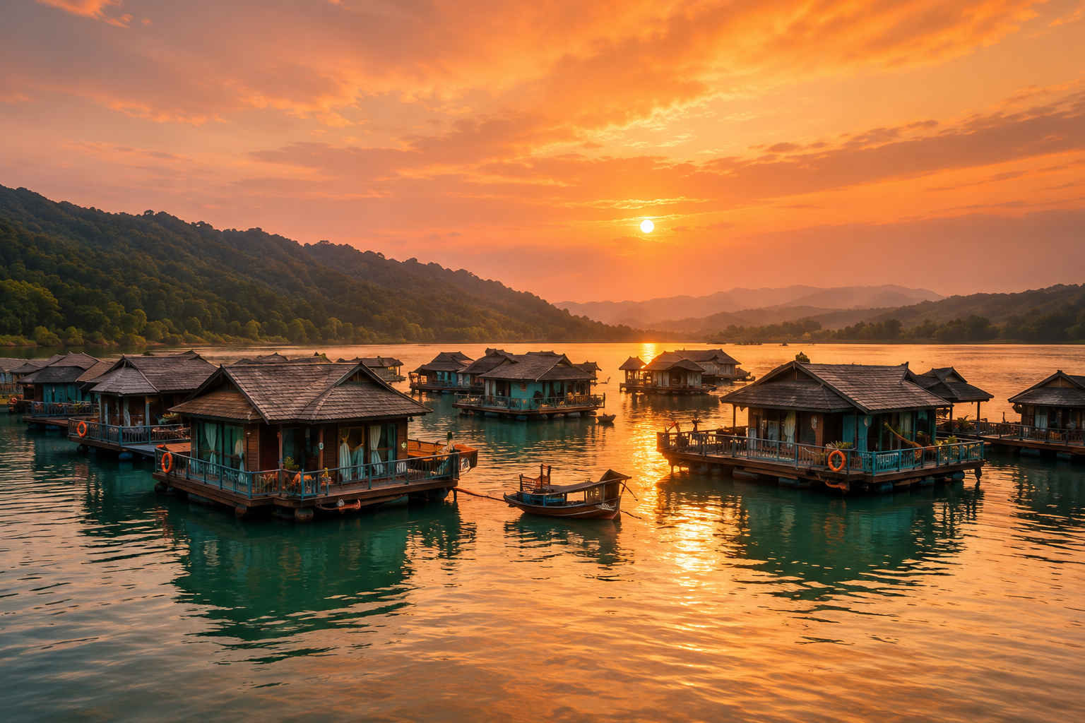 Tonle Sap Lake floating village at sunset